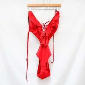 La Vie En Rose one piece swimsuit V-neck plunge ruffle bright red beach vacation